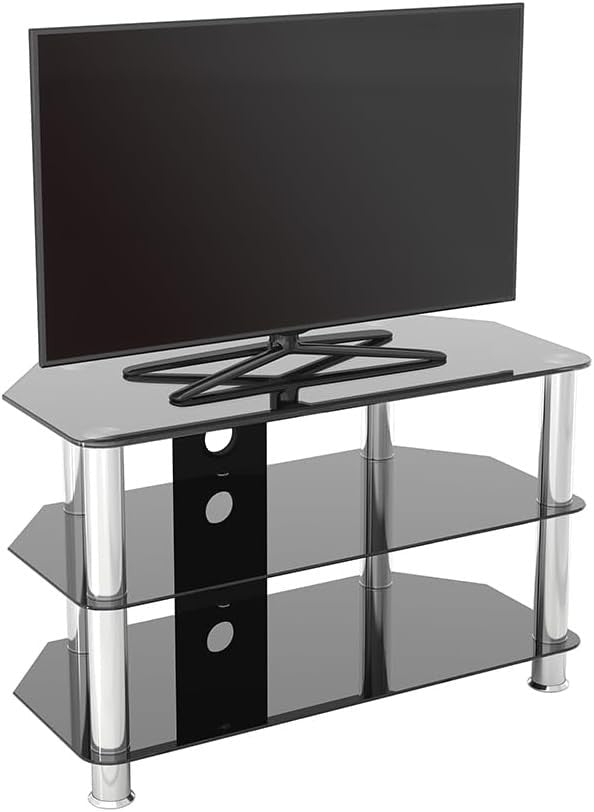 Black Glass TV Stand with Cable Management, Floor Mount, Fits 43" TVs up to 40kg - Kwikley