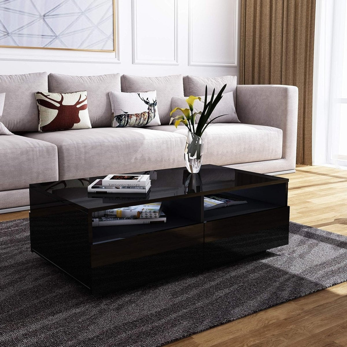 Black Gloss Coffee Table with 4 Drawers & LED Lights Modern 85x55x35cm - Kwikley