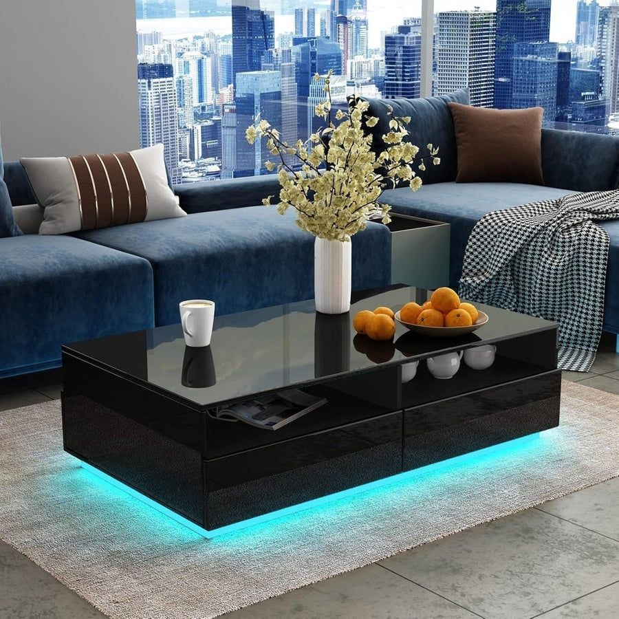 Black Gloss Coffee Table with 4 Drawers & LED Lights Modern 85x55x35cm - Kwikley