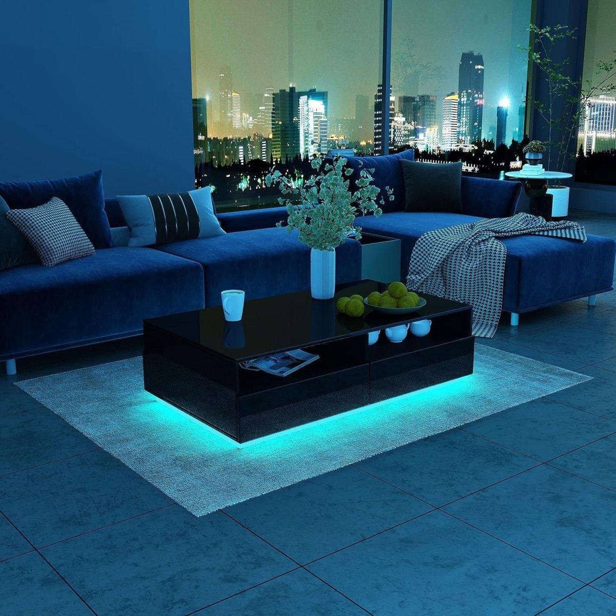 Black Gloss Coffee Table with 4 Drawers & LED Lights Modern 85x55x35cm - Kwikley