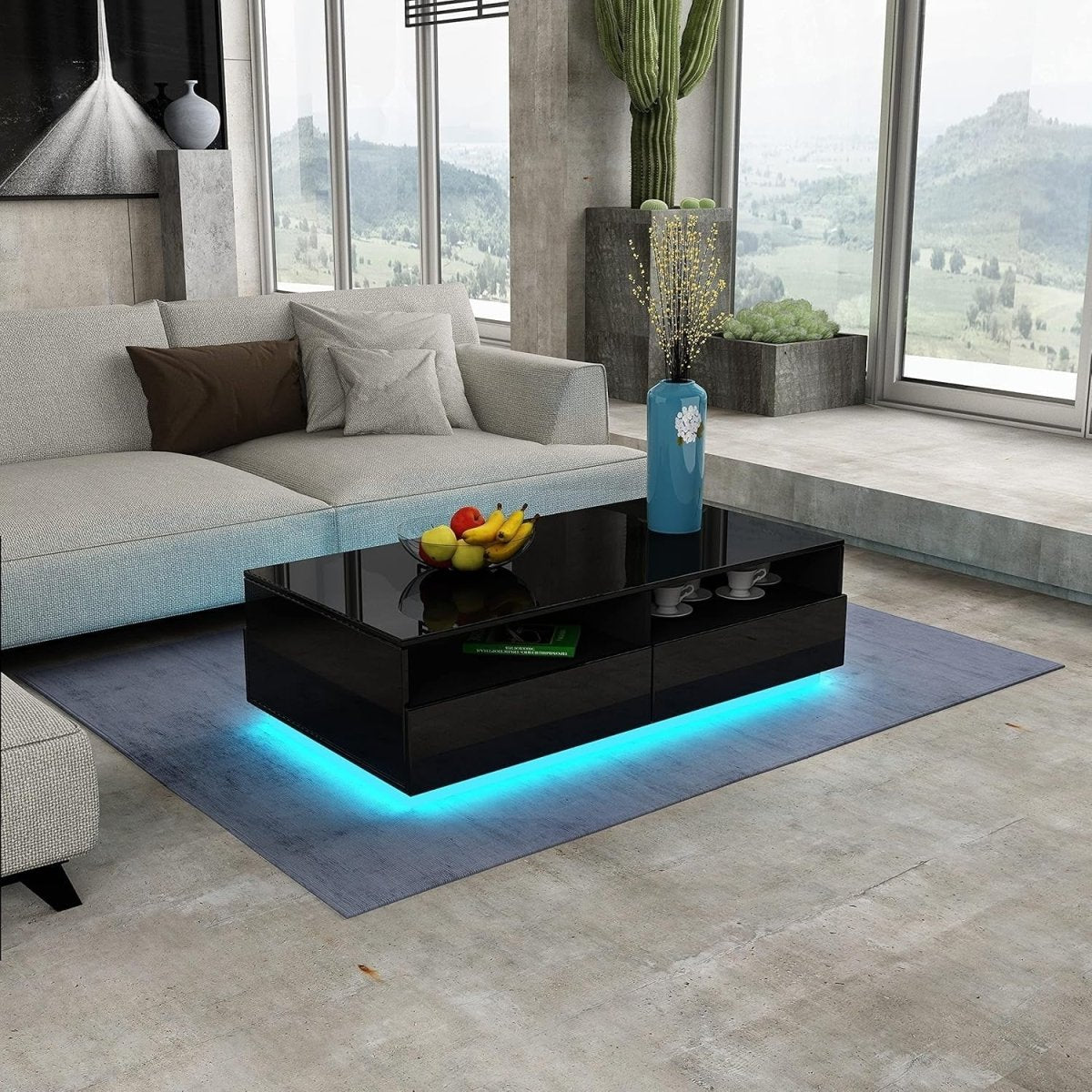 Black Gloss Coffee Table with 4 Drawers & LED Lights Modern 85x55x35cm - Kwikley