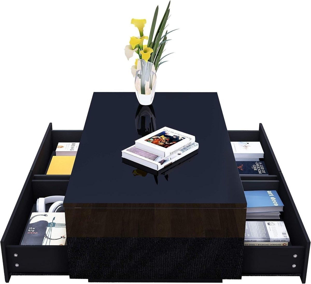 Black Gloss Coffee Table with 4 Drawers & LED Lights Modern 85x55x35cm - Kwikley