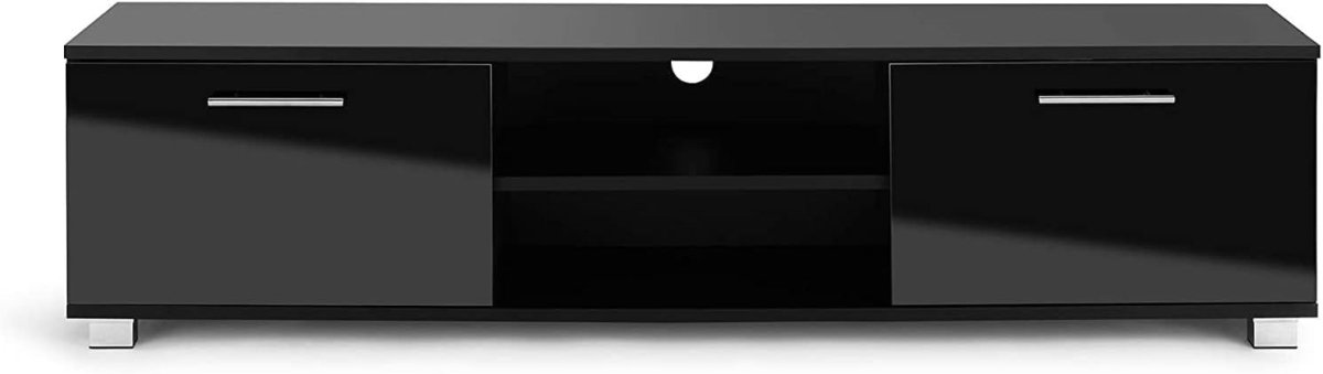 Black Gloss TV Stand Cabinet 140cm Storage Cupboard & Open Shelving - Kwikley