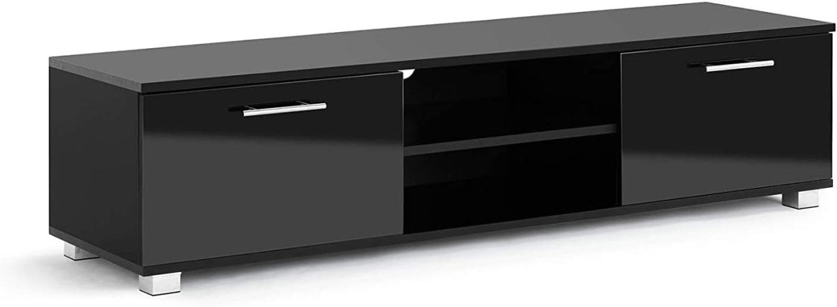 Black Gloss TV Stand Cabinet 140cm Storage Cupboard & Open Shelving - Kwikley