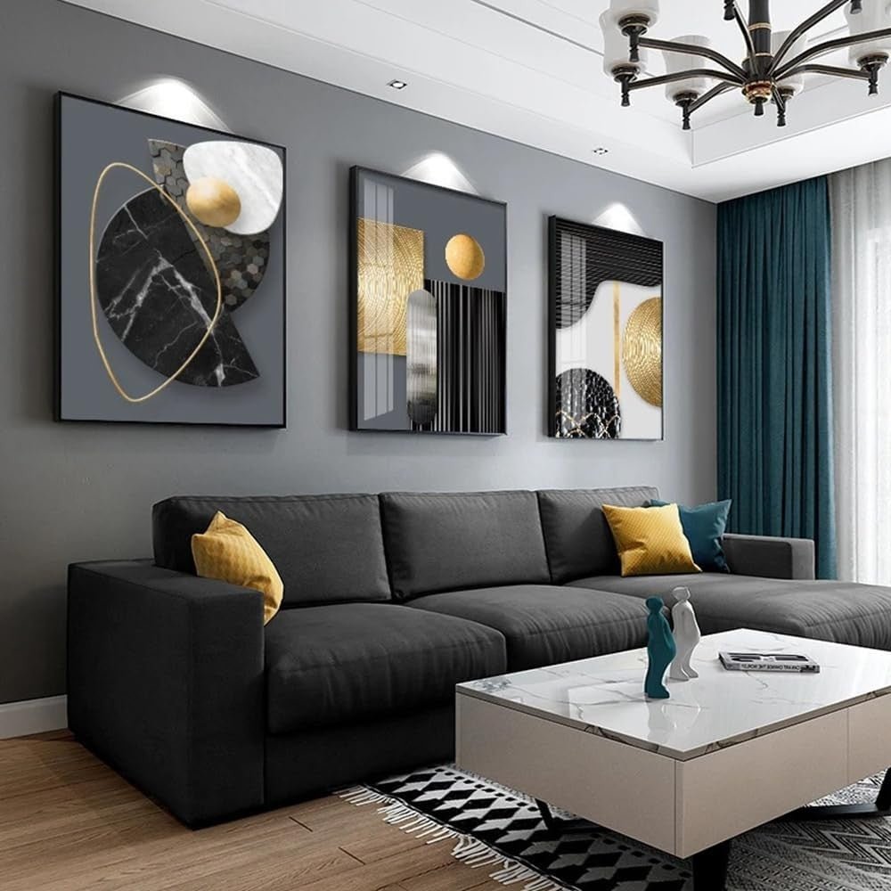 Black Gold Geometric Canvas Wall Art 3Pcs 60x90cm Modern - Kwikley