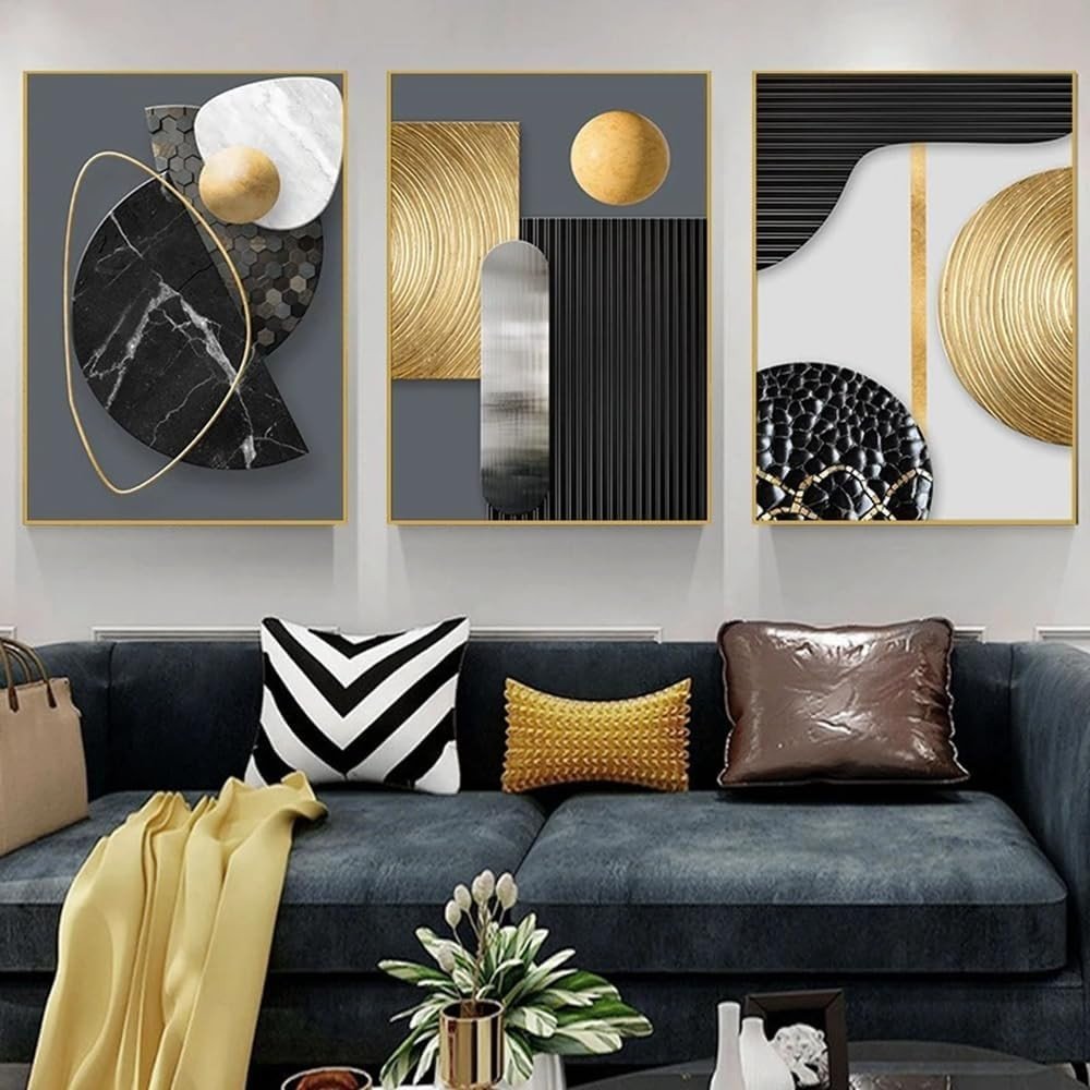 Black Gold Geometric Canvas Wall Art 3Pcs 60x90cm Modern - Kwikley