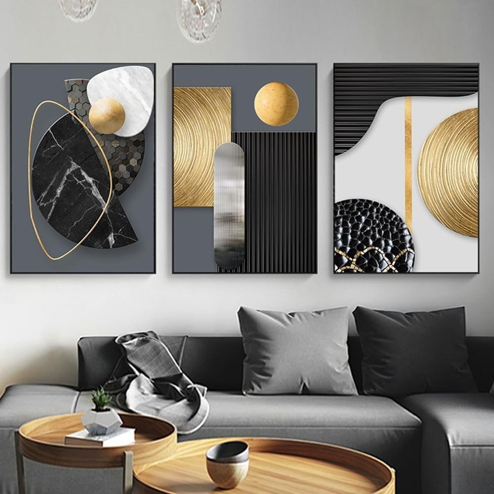 Black Gold Geometric Canvas Wall Art 3Pcs 60x90cm Modern - Kwikley