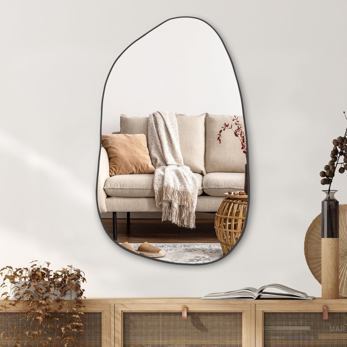 Black Irregular Wall Mirror 85x52cm Modern Asymmetrical Vanity Decor - Kwikley