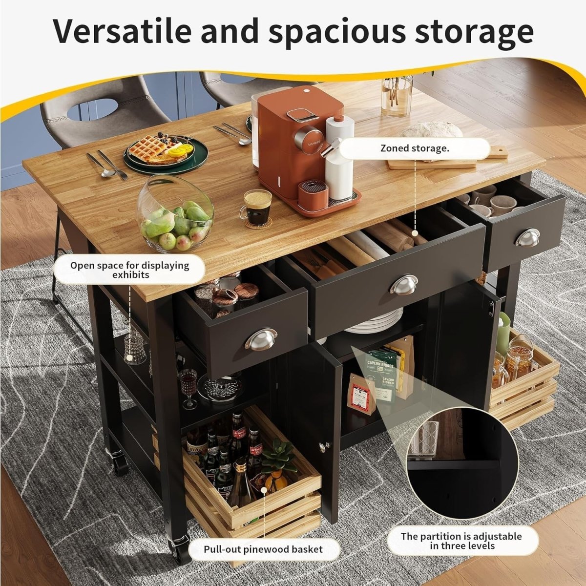 Black Kitchen Island Cart Drop Leaf 3 Drawers - Kwikley