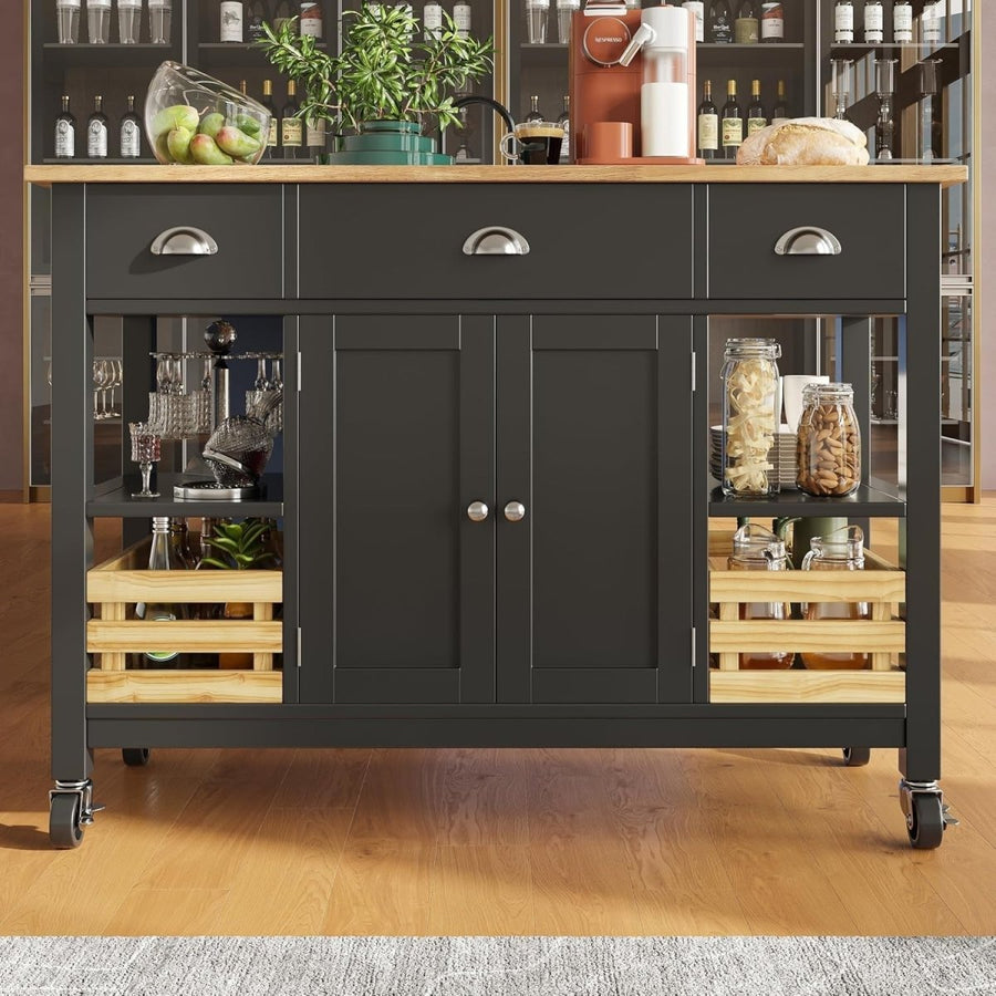 Black Kitchen Island Cart Drop Leaf 3 Drawers - Kwikley
