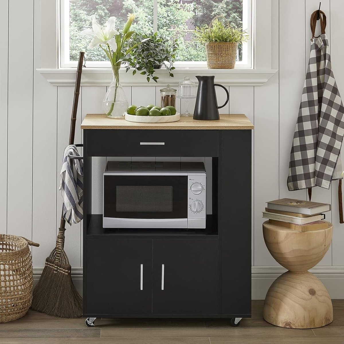 Black Kitchen Island Cart on Wheels w Drawer Cabinet - Kwikley