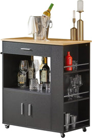 Black Kitchen Island Cart on Wheels w Drawer Cabinet - Kwikley
