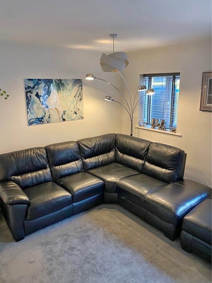 Black Lavish Luxe Leather Corner Sofa + Footstool (PTP) - Kwikley