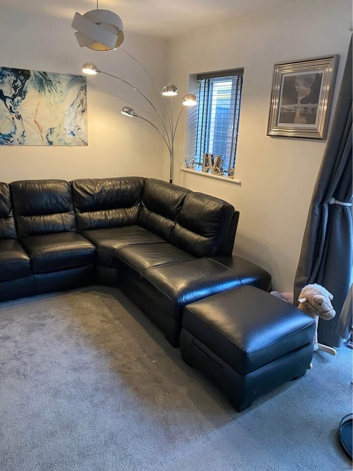 Black Lavish Luxe Leather Corner Sofa + Footstool (PTP) - Kwikley
