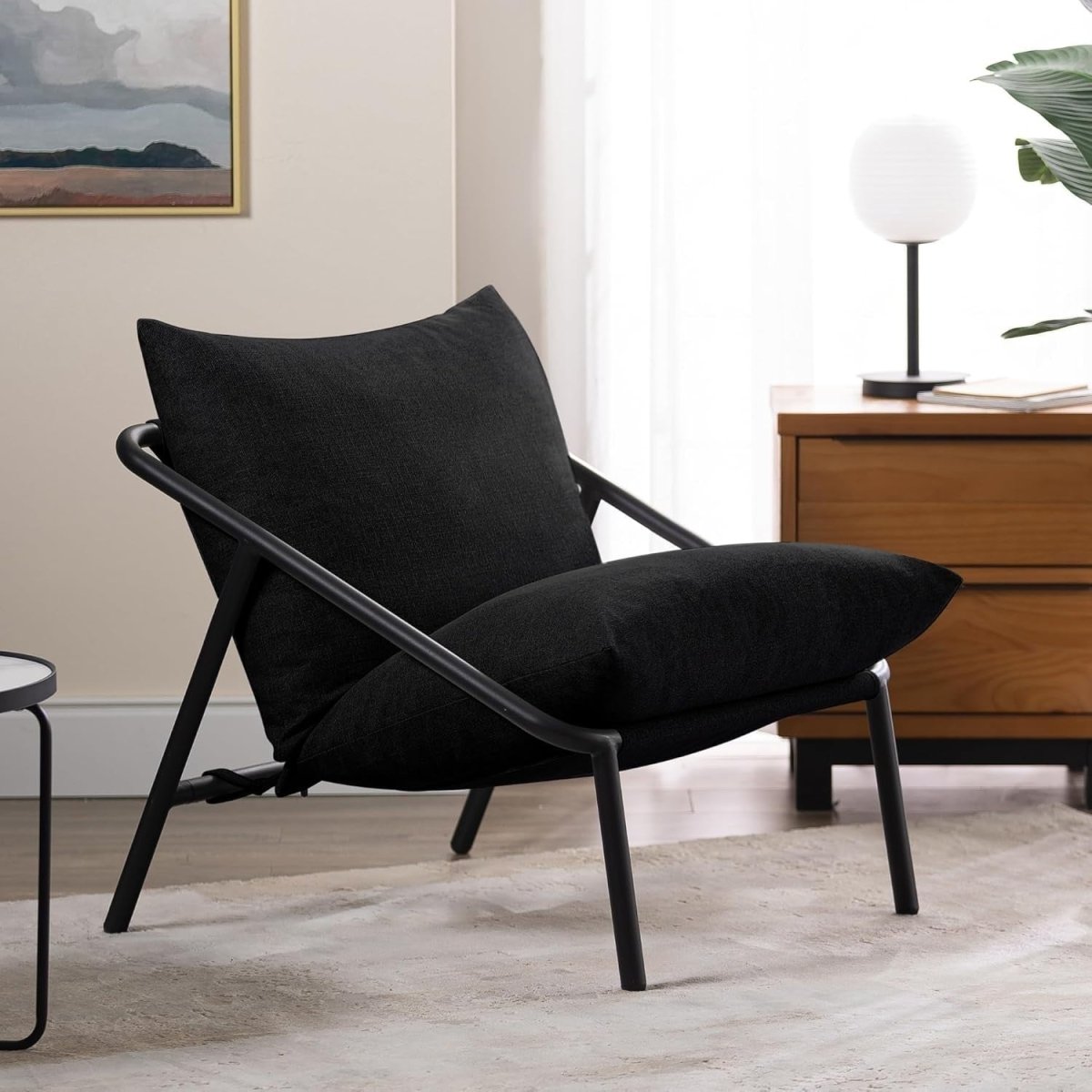Black Metal Frame Accent Chair | Shredded Foam Lounge Armchair, Stylish - Kwikley