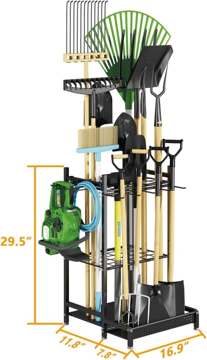 Black Metal Garden Tool Organizer Rack with Hooks for Long - Handled Tools - Kwikley