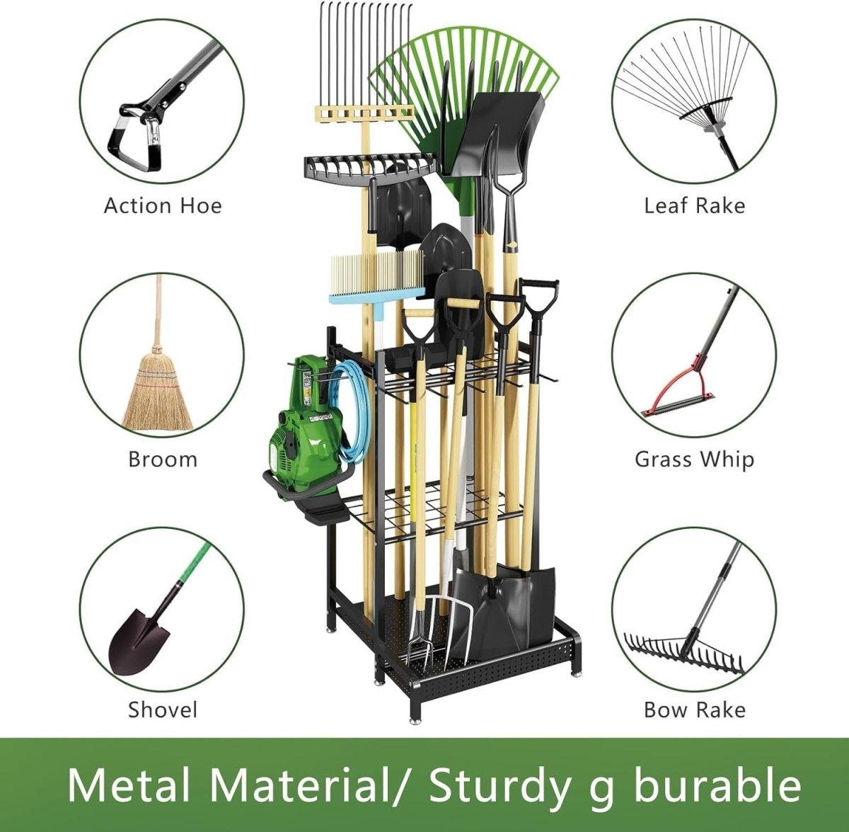 Black Metal Garden Tool Organizer Rack with Hooks for Long - Handled Tools - Kwikley
