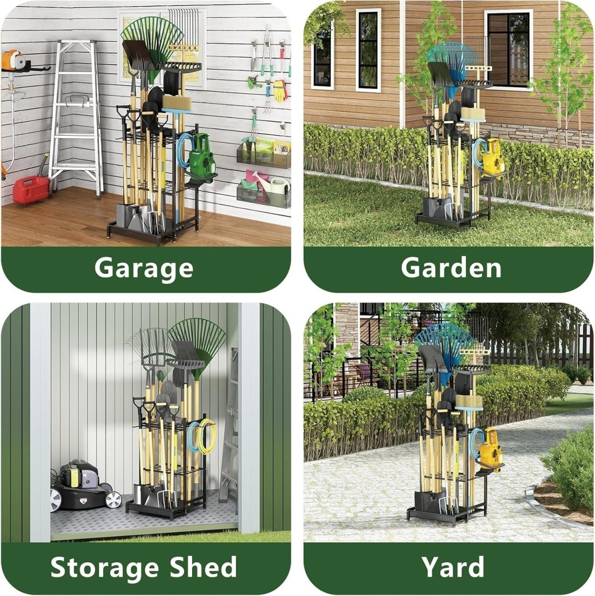 Black Metal Garden Tool Organizer Rack with Hooks for Long - Handled Tools - Kwikley