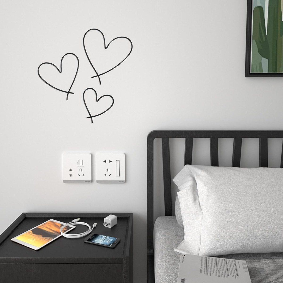 Black Metal Heart Wall Art Set of 3 Modern Hanging Decor 9 - 15cm - Kwikley