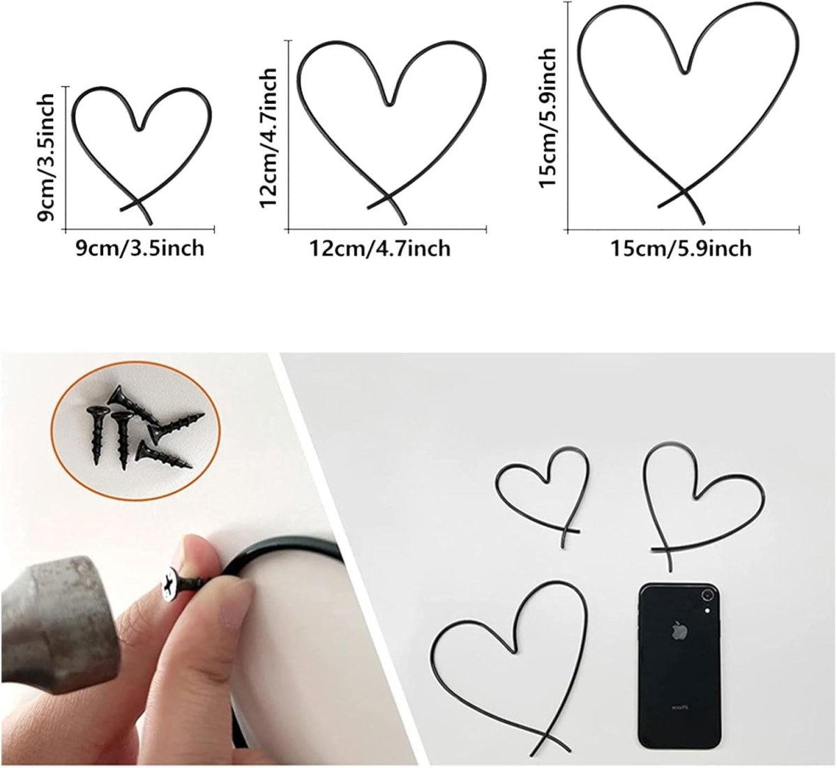Black Metal Heart Wall Art Set of 3 Modern Hanging Decor 9 - 15cm - Kwikley