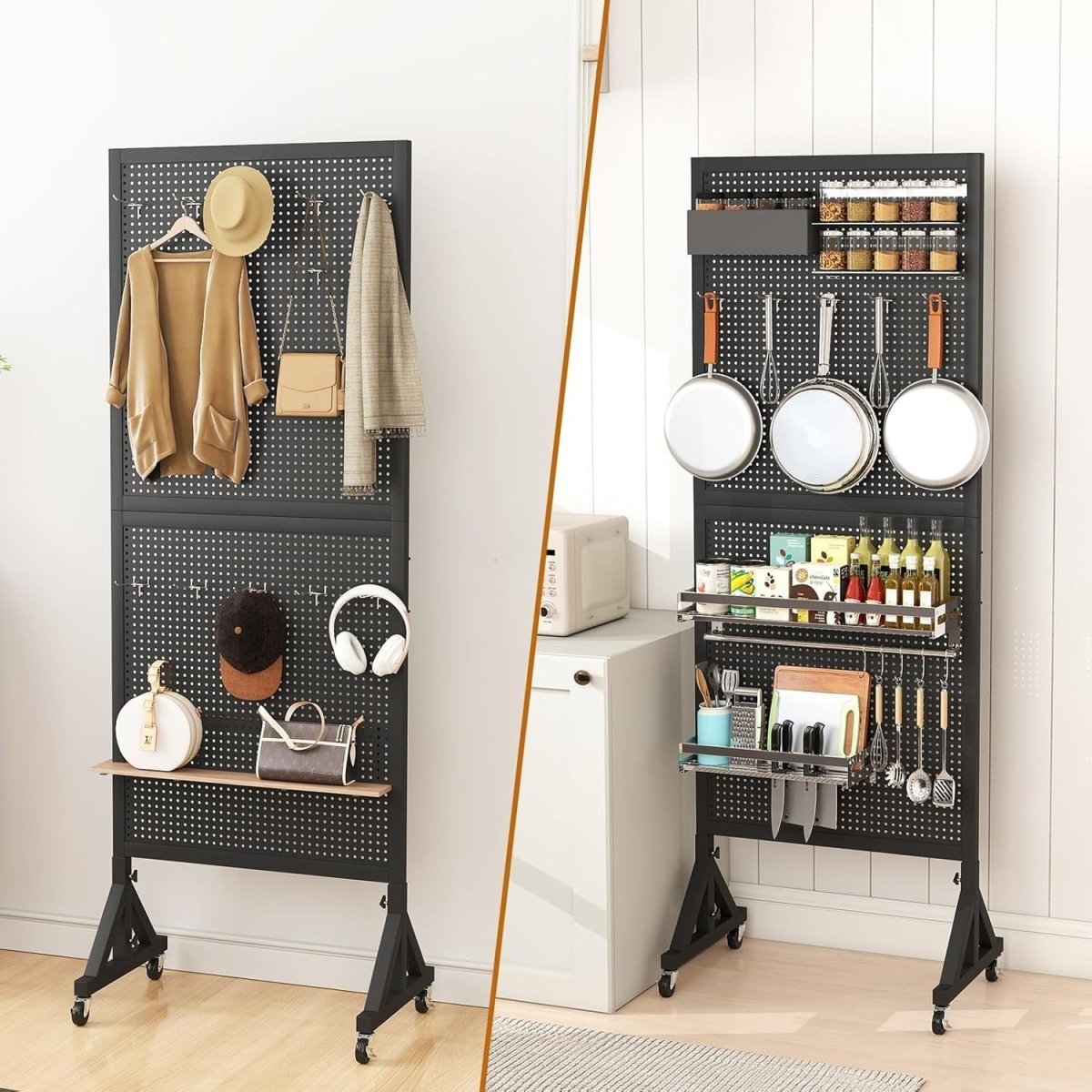 Black Metal Pegboard Display Stand w/ 30 Hooks 174cm Rolling Organizer - Kwikley