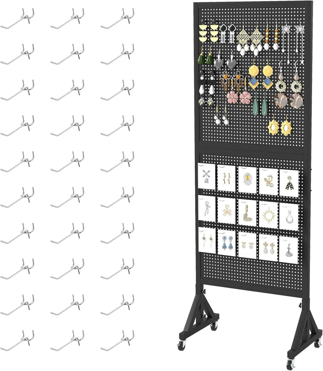 Black Metal Pegboard Display Stand w/ 30 Hooks 174cm Rolling Organizer - Kwikley
