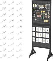 Black Metal Pegboard Display Stand w/ 30 Hooks 174cm Rolling Organizer - Kwikley