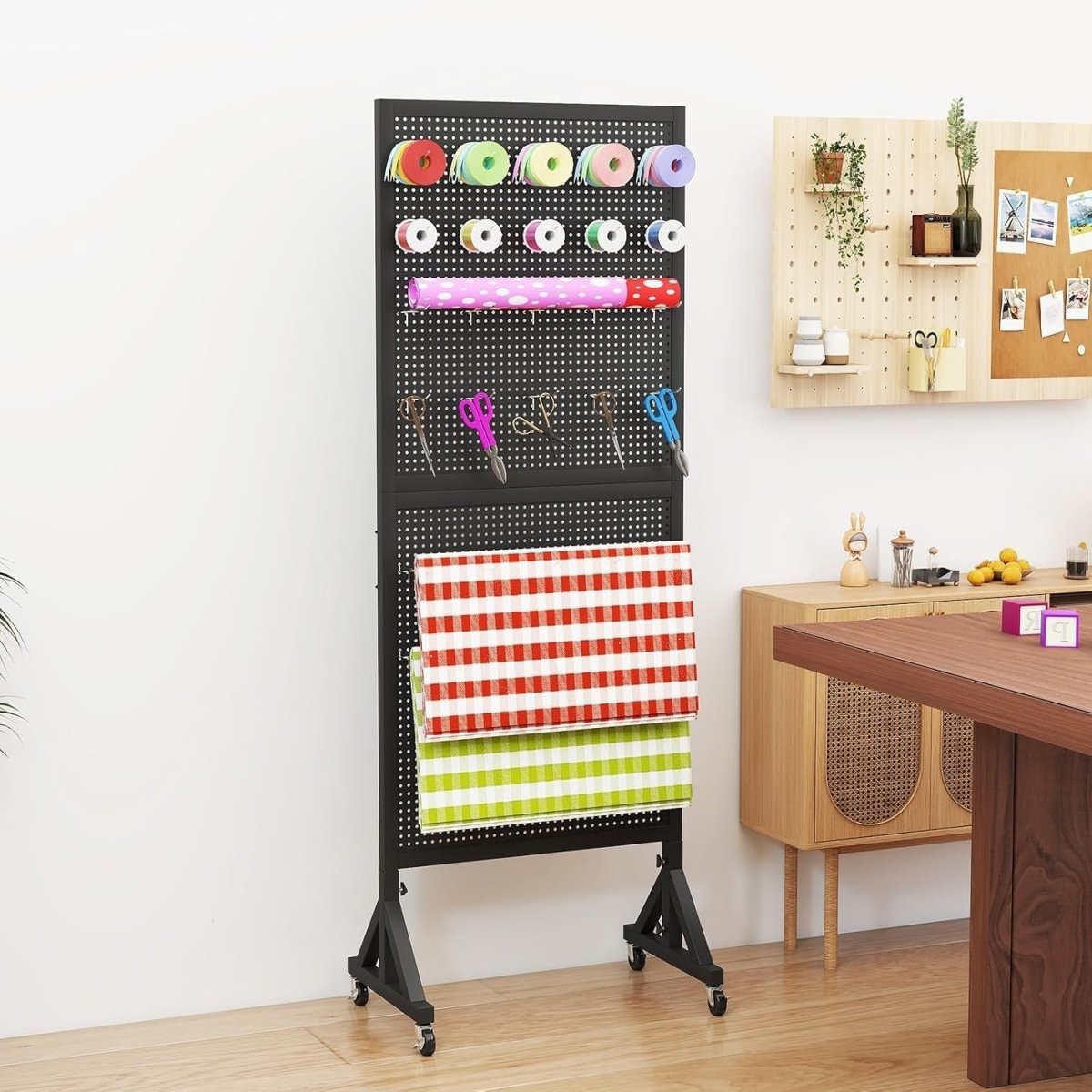 Black Metal Pegboard Display Stand w/ 30 Hooks 174cm Rolling Organizer - Kwikley