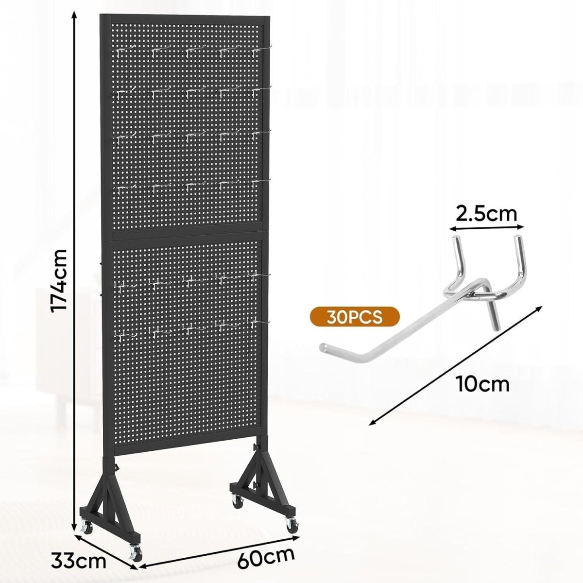 Black Metal Pegboard Display Stand w/ 30 Hooks 174cm Rolling Organizer - Kwikley