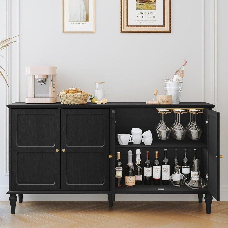 Black Mid - Century Sideboard Drinks Cabinet with Wine Glass Rack & Storage Shelve - Kwikley