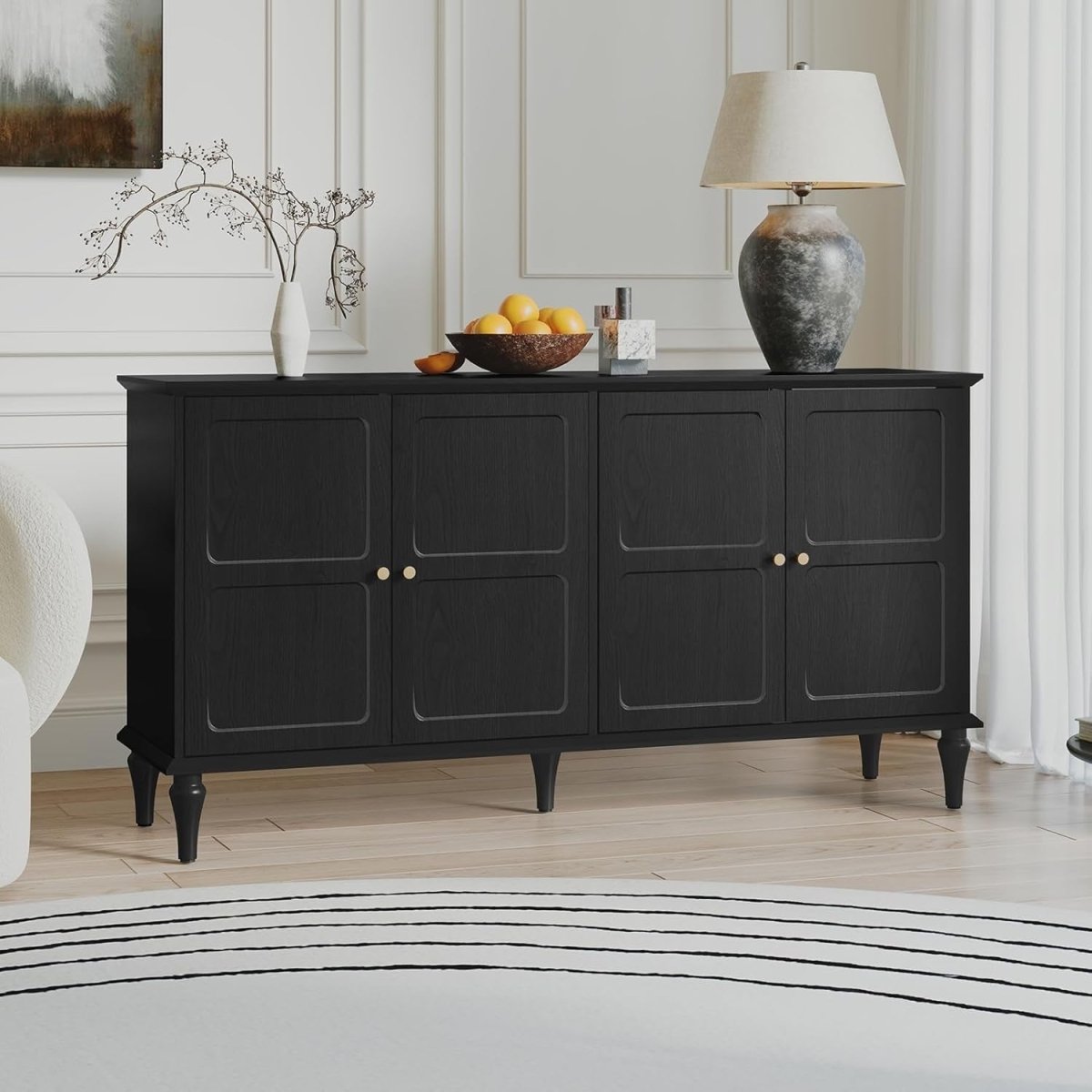 Black Mid - Century Sideboard Drinks Cabinet with Wine Glass Rack & Storage Shelve - Kwikley
