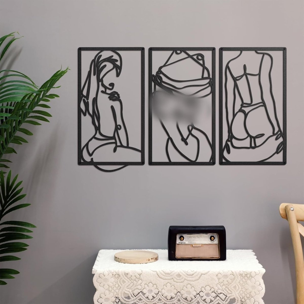 Black Minimalist Metal Wall Art 3Pcs Abstract Line Body Decor - Kwikley