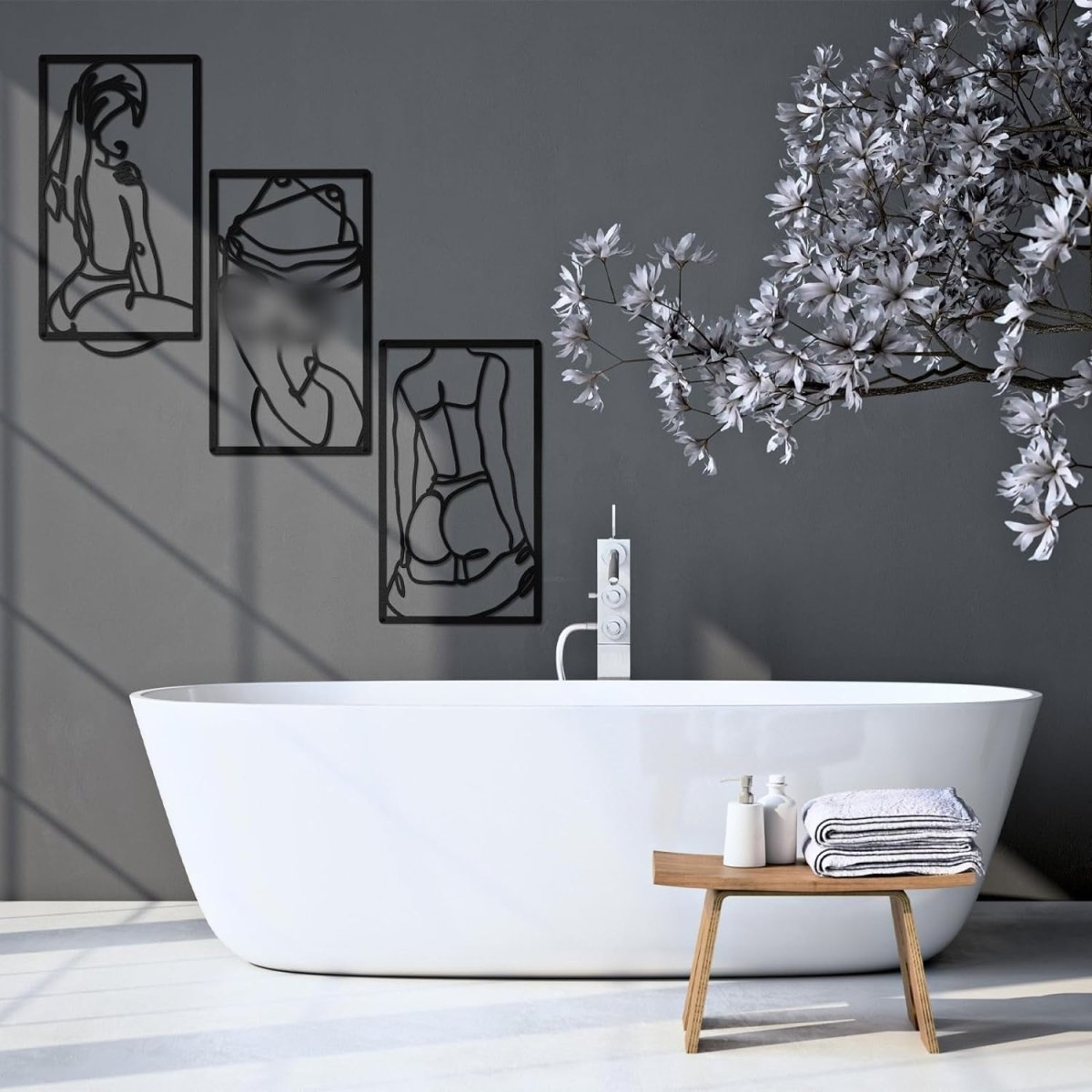 Black Minimalist Metal Wall Art 3Pcs Abstract Line Body Decor - Kwikley