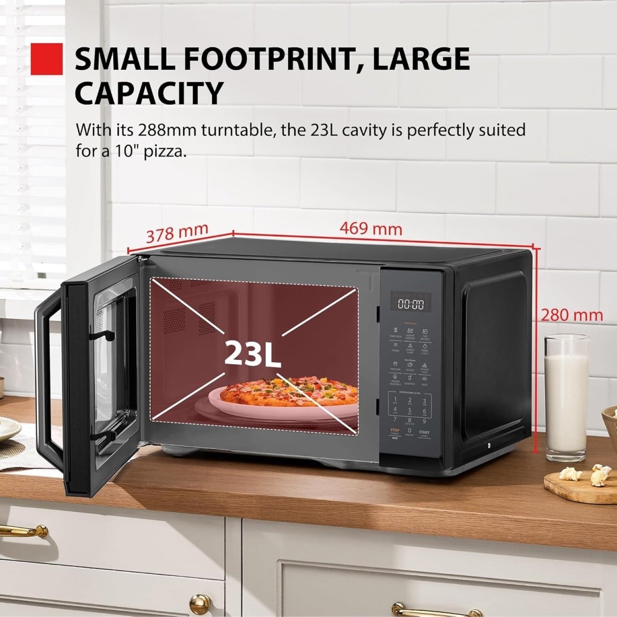 Black Mirror 23L Digital Microwave 900W Solo 11 Power Levels - Kwikley