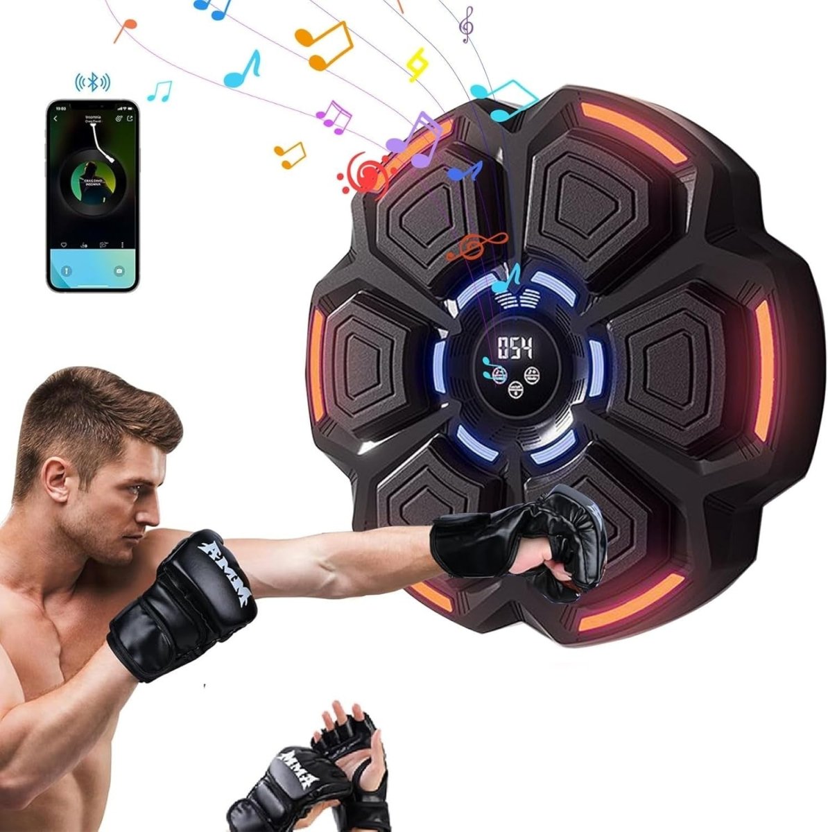 Black Music Boxing Machine Orange LED Bluetooth Wall Punch Trainer 9 Modes - Kwikley