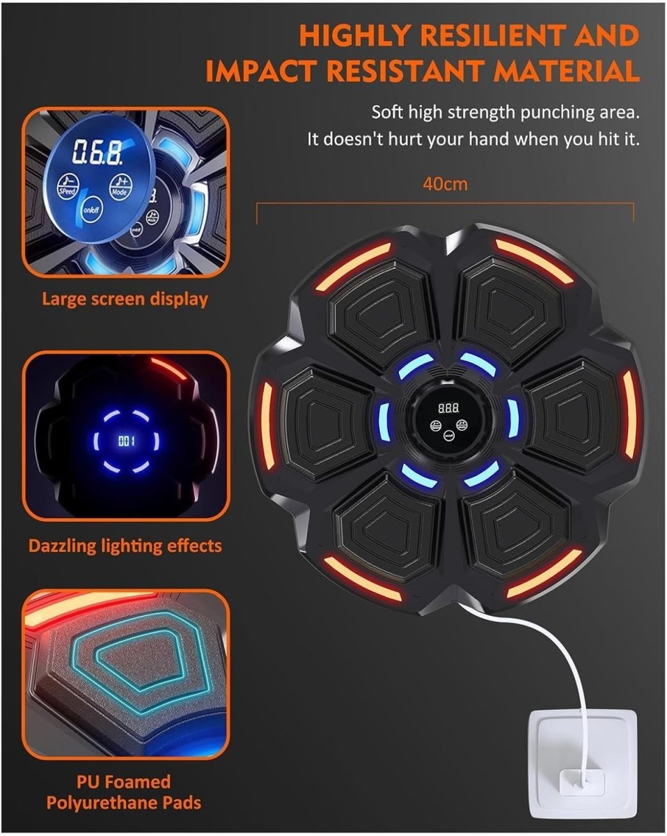 Black Music Boxing Machine Orange LED Bluetooth Wall Punch Trainer 9 Modes - Kwikley