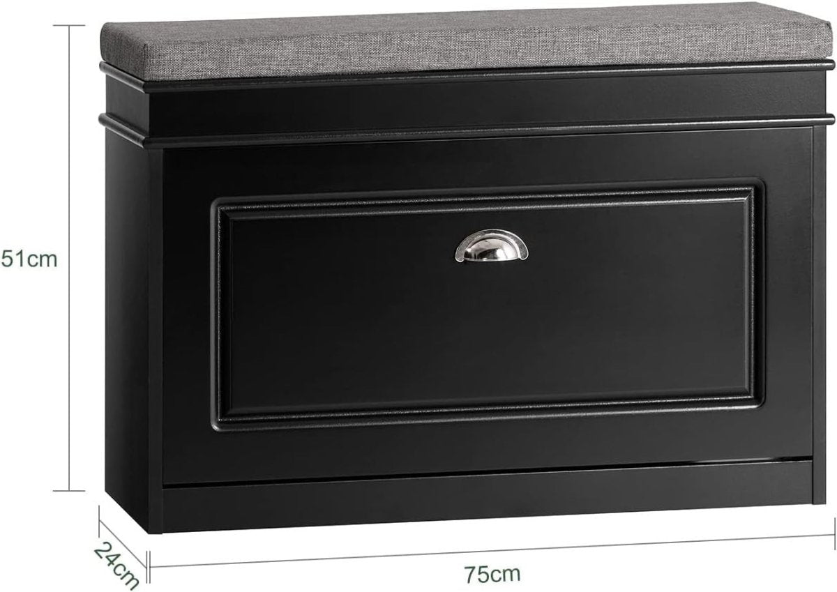Black Narrow Shoe Storage Bench with Flip Drawer & Cushion, 150kg Load - Kwikley