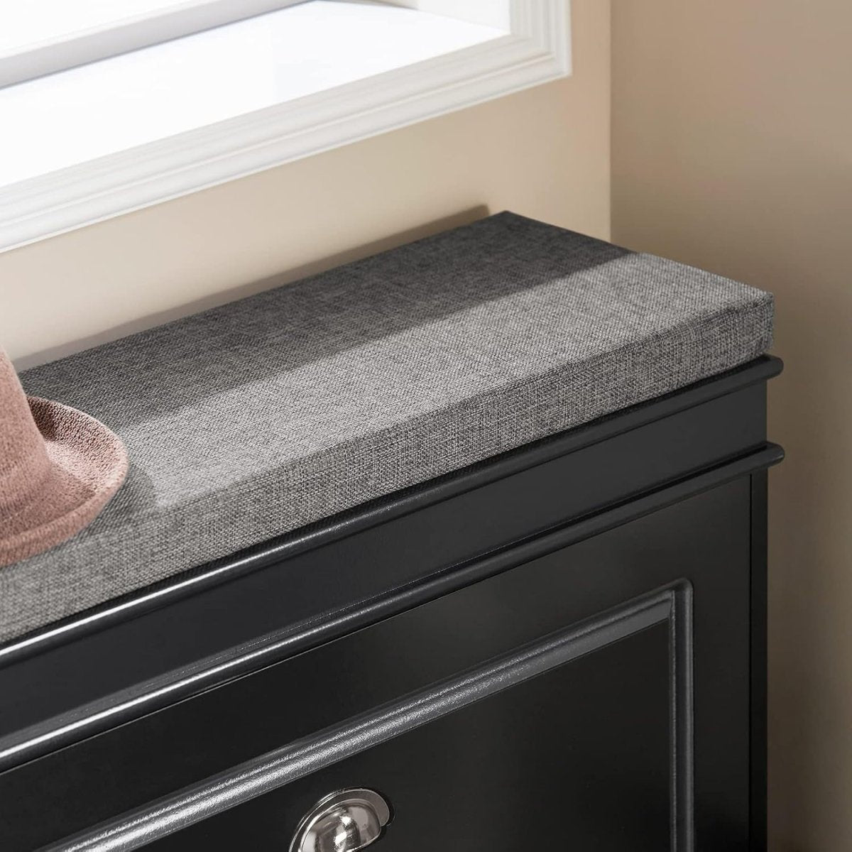 Black Narrow Shoe Storage Bench with Flip Drawer & Cushion, 150kg Load - Kwikley