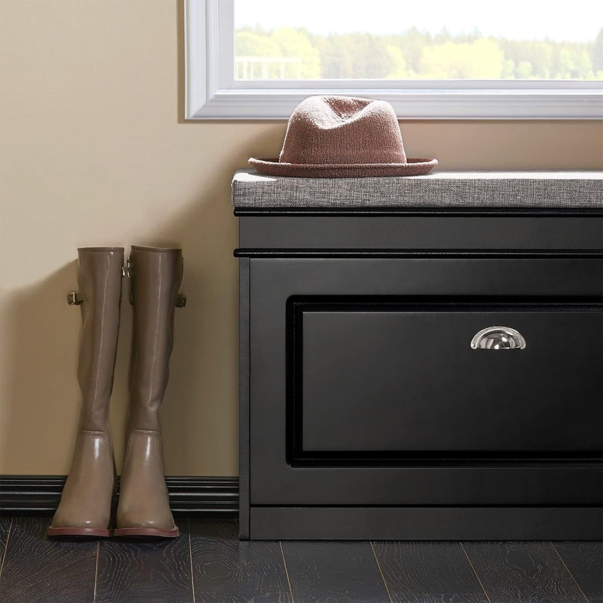 Black Narrow Shoe Storage Bench with Flip Drawer & Cushion, 150kg Load - Kwikley