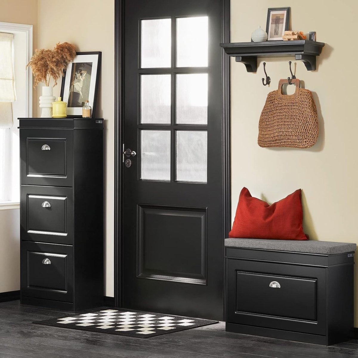 Black Narrow Shoe Storage Bench with Flip Drawer & Cushion, 150kg Load - Kwikley