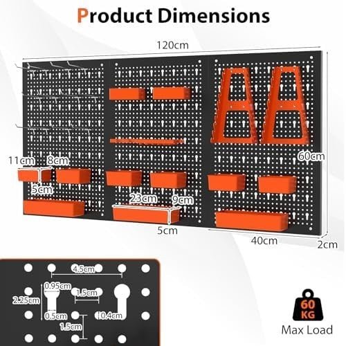 Black + Orange Wall - Mount Pegboard Kit 3 Boards with 26 Tool Accessories - Kwikley