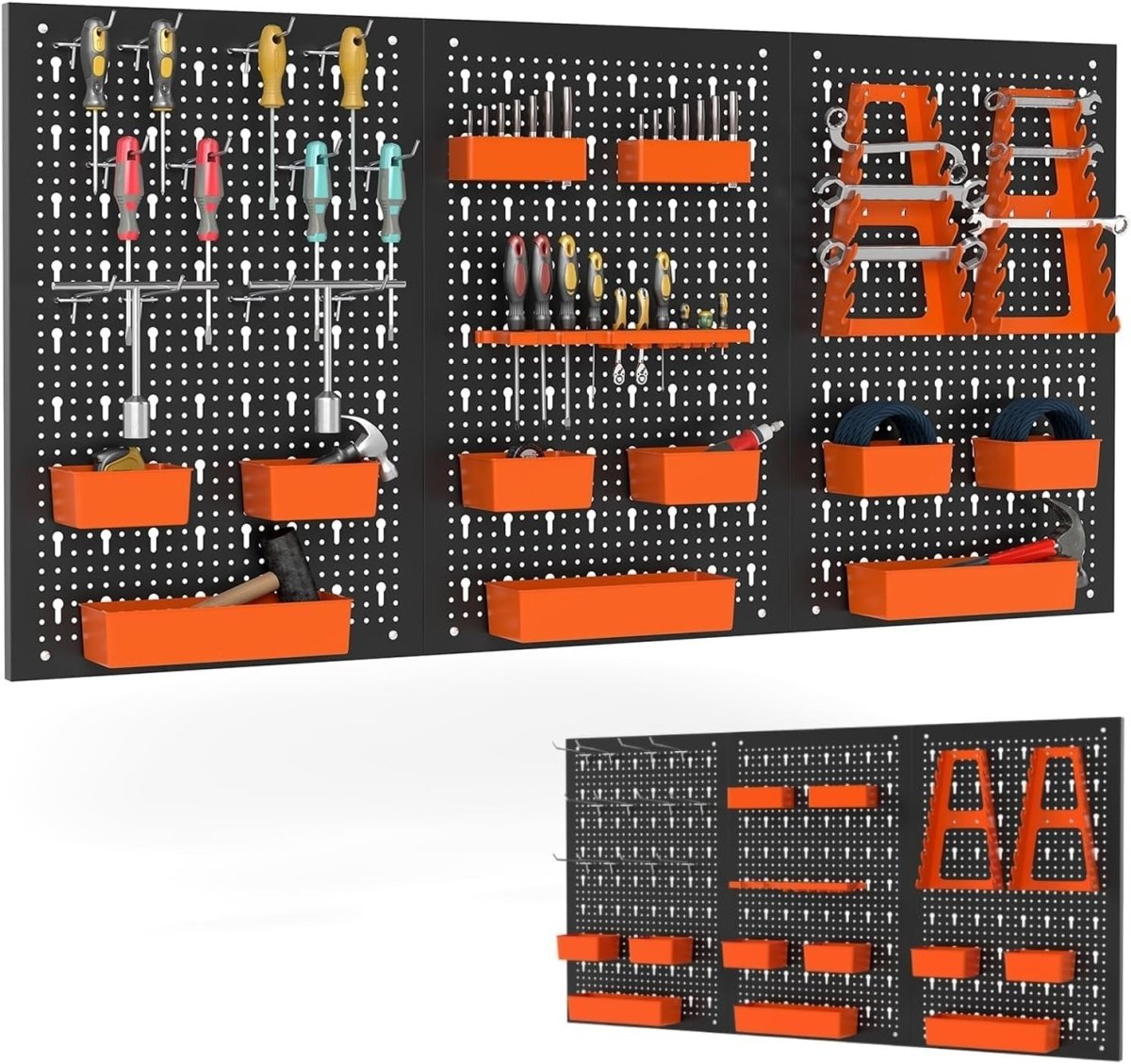 Black + Orange Wall - Mount Pegboard Kit 3 Boards with 26 Tool Accessories - Kwikley