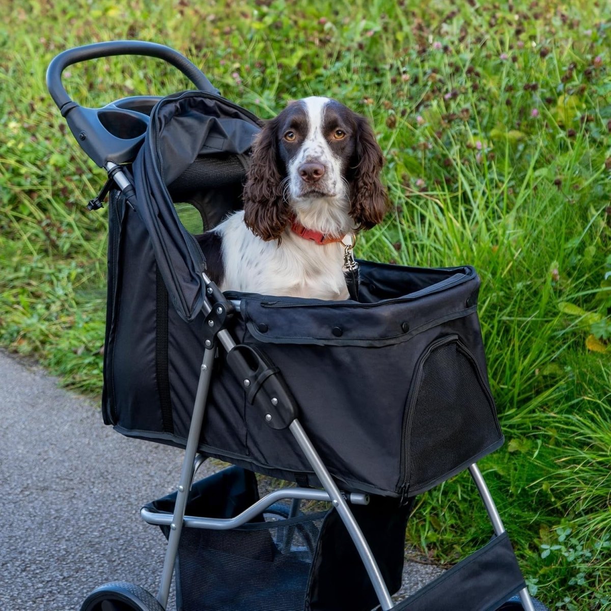 Black Pet Stroller Pushchair Foldable Dog Cat Pram 15kg with Brakes - Kwikley