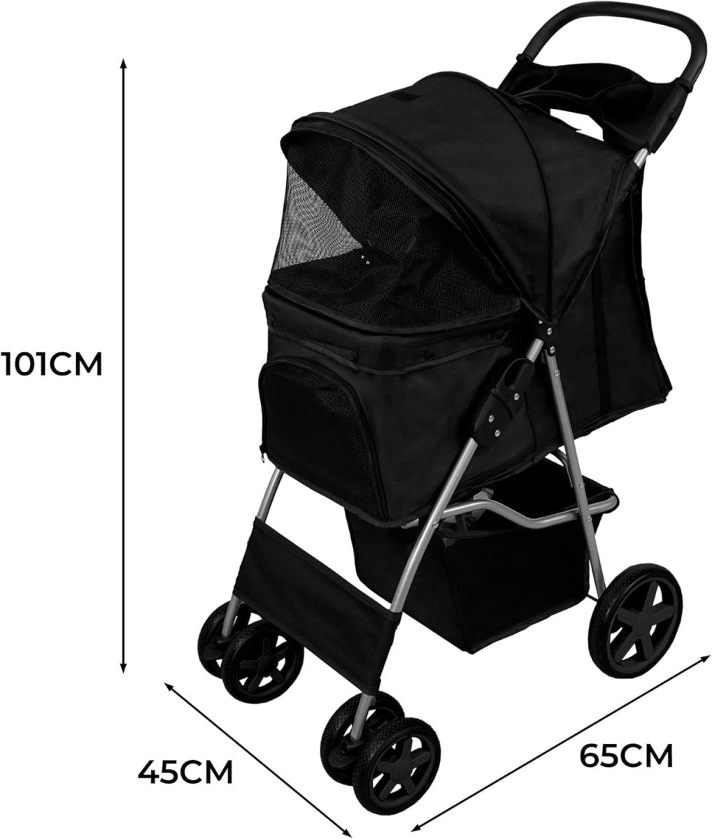 Black Pet Stroller Pushchair Foldable Dog Cat Pram 15kg with Brakes - Kwikley