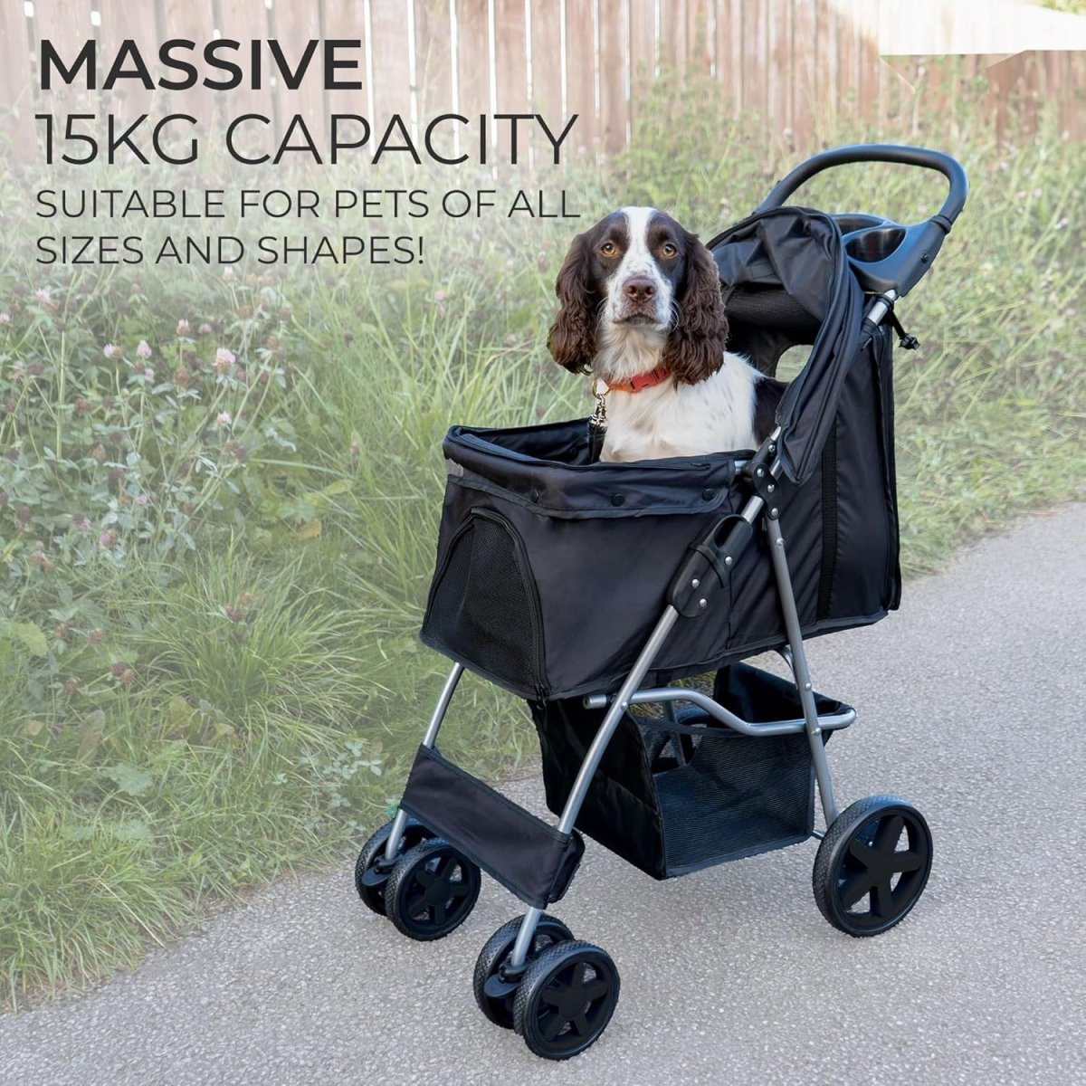 Black Pet Stroller Pushchair Foldable Dog Cat Pram 15kg with Brakes - Kwikley
