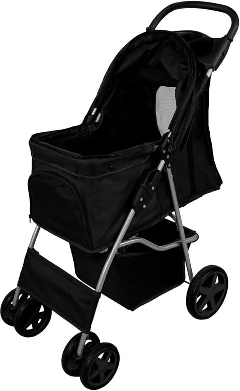 Black Pet Stroller Pushchair Foldable Dog Cat Pram 15kg with Brakes
