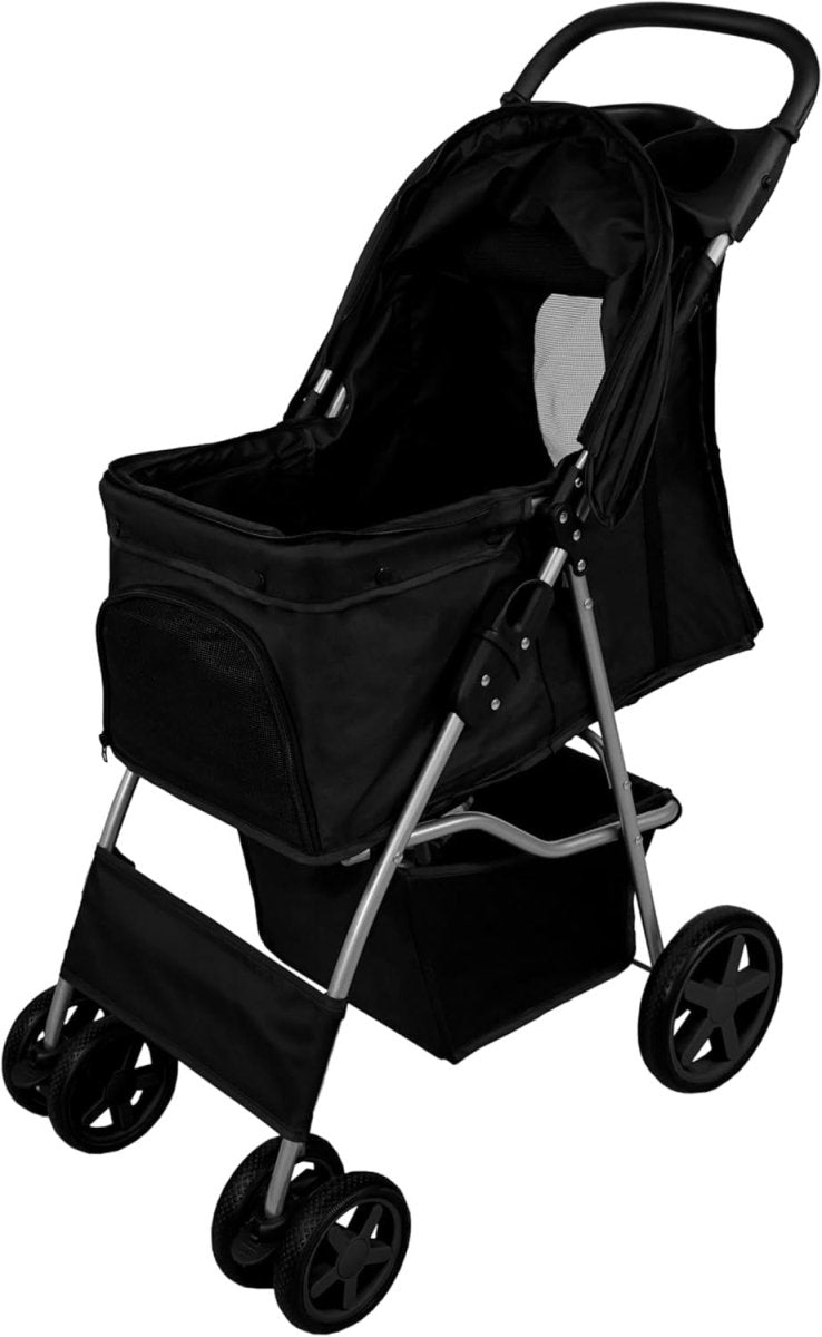 Black Pet Stroller Pushchair Foldable Dog Cat Pram 15kg with Brakes - Kwikley