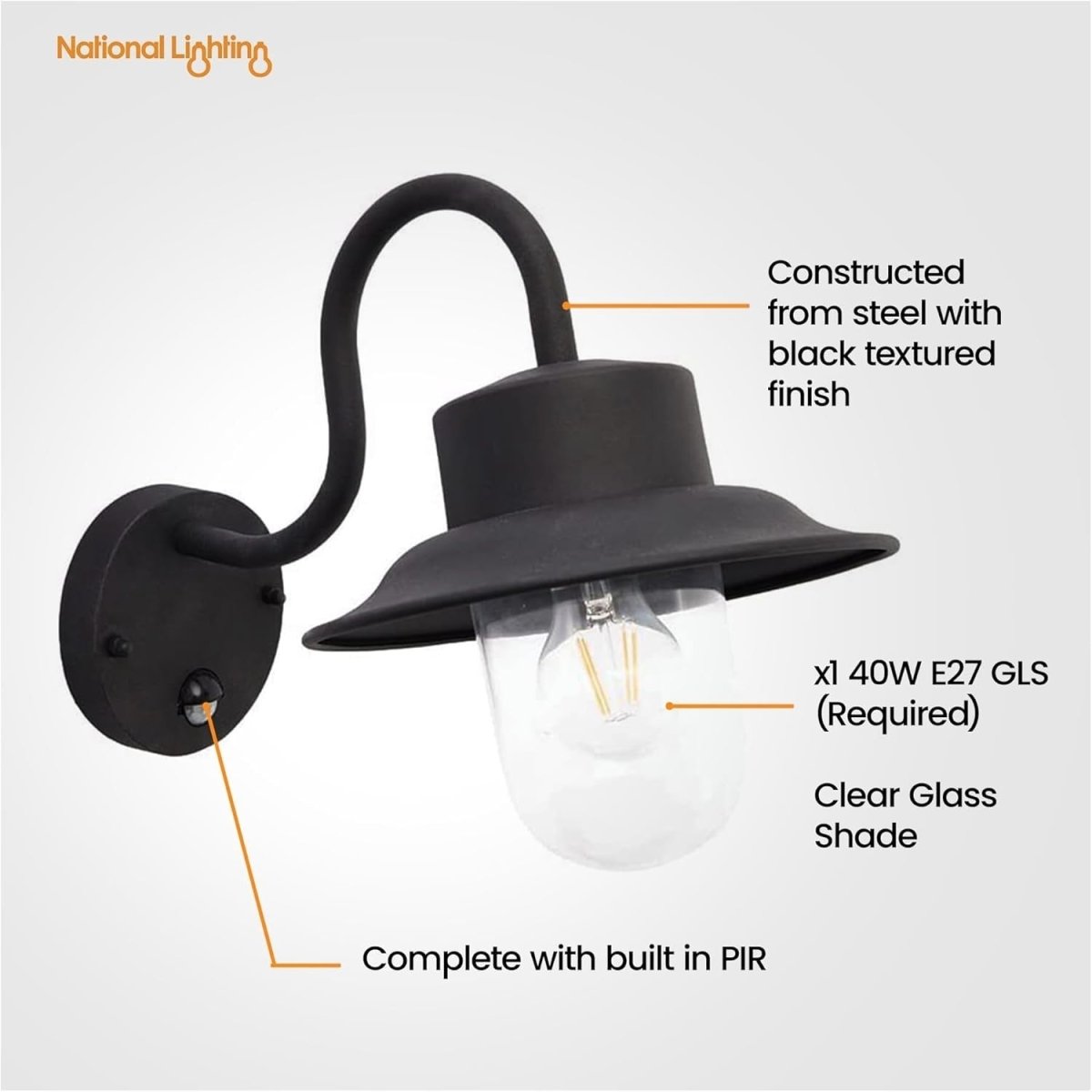 Black PIR Motion Sensor Outdoor Wall Light IP44 Garden Lantern - Kwikley