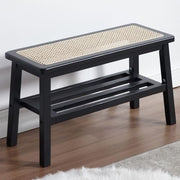 Black Rattan Dining Bench with Solid Wood Legs Entryway Shoe Storage Ottoman - Kwikley