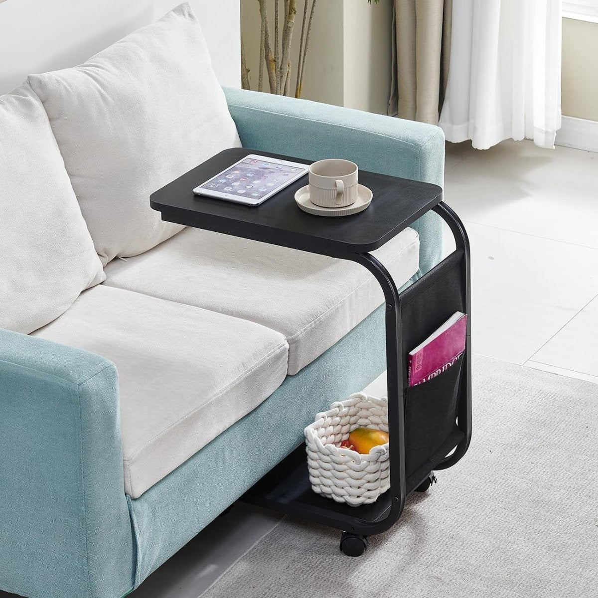 Black Rectangular C - Shaped Sofa Side Table with Wheels Metal Frame 61.5cm - Kwikley